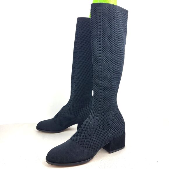 Eileen Fisher Alas Tall Boots Stretchy Knit Mesh Black Size 7.5 - Picture 1 of 13